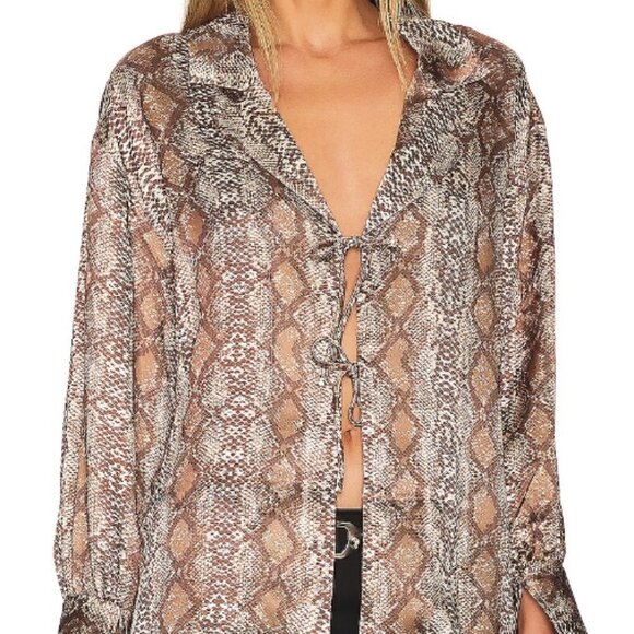 Ena Pelly Cuffed Long Sleeve Front Tie Shirt Women's Snake Skin Brown Size 6/8 - Picture 1 of 13